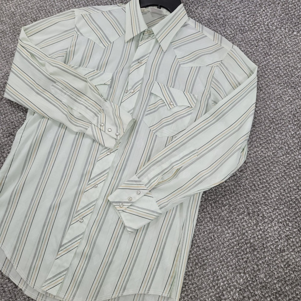 Western Fashions Mens Pearl Snap Shirt Striped Green Tan Vintage 16-33 L/S
